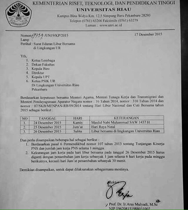 Jadwal libur Universitas Riau (24 s/d 26 Desember 2015):