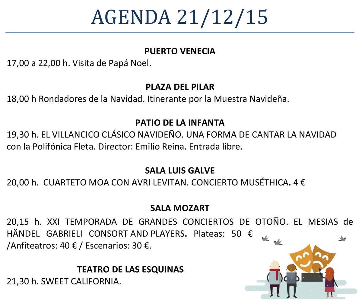 ¡Buenos días! :) Os dejamos la agenda de #cultura y #ocio de hoy en Zaragoza 🎄🎨🎷🎬 #navidadzgz