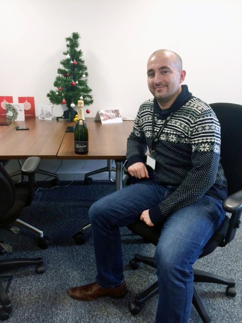 TheWentaGroup's tweet photo. Here he is: @chrisdaaaaay @daymedia Winner of our #dectheboss comp in the same setting as his entry pic! #champagne https://t.co/8b3SRU6KB1