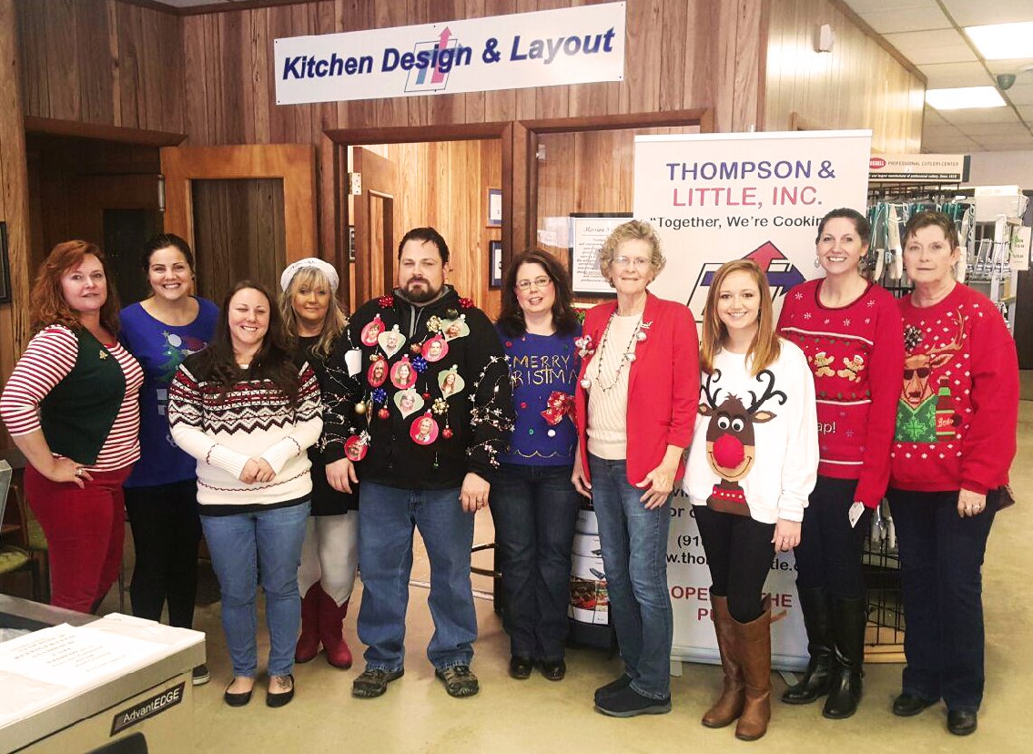 ThompsonLittle's tweet photo. The Thompson &amp; Little Team got extra festive with a Tacky Sweater Contest today! Who do you think will win? https://t.co/sjIUk7Ozbe