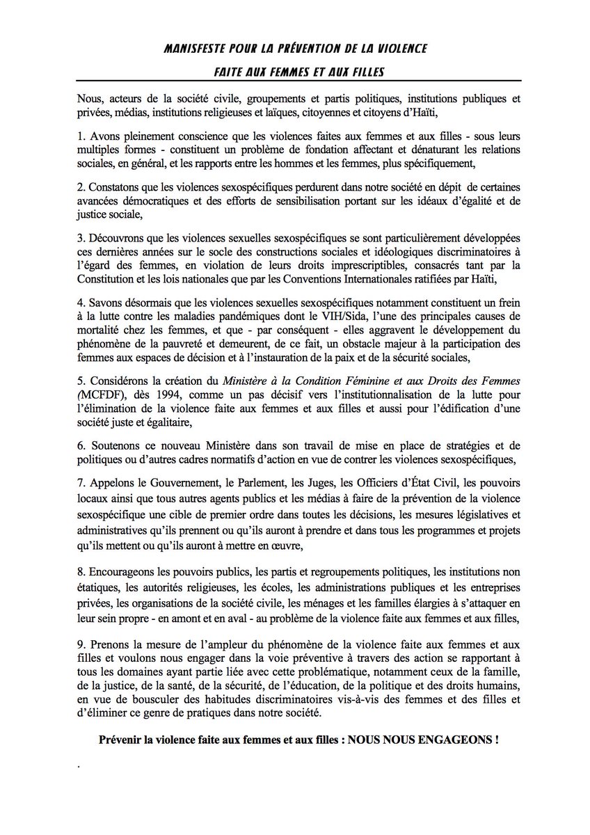 Manifeste pour la prévention de la violence faite aux femmes et aux filles