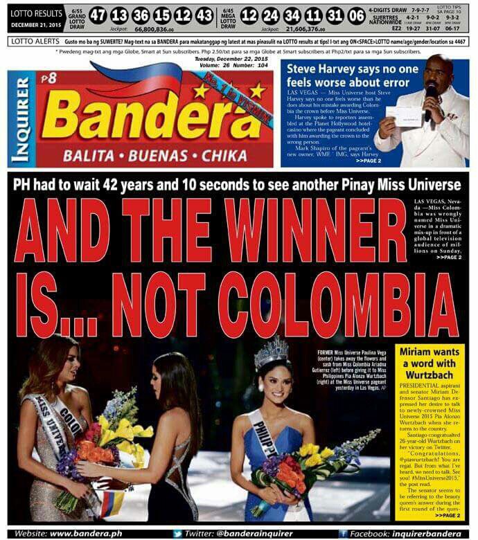 inquirerplus's tweet photo. 👑 🎉🇵🇭 #PiaWurtzbach across our front pages 👉 https://t.co/SM1Wga5Sum #MissUniverse2015 #MissUniverso2015 https://t.co/Elb0hY4qgi