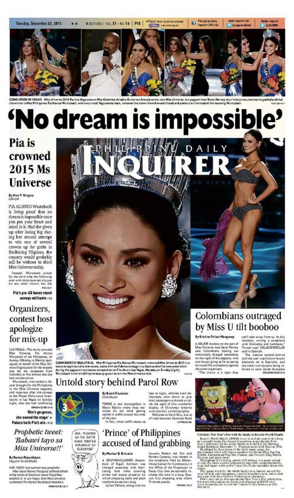 inquirerplus's tweet photo. 👑 🎉🇵🇭 #PiaWurtzbach across our front pages 👉 https://t.co/SM1Wga5Sum #MissUniverse2015 #MissUniverso2015 https://t.co/Elb0hY4qgi