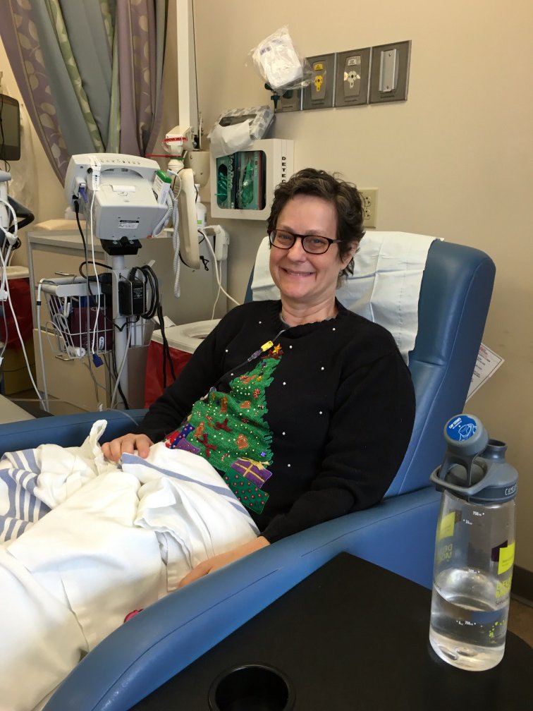 BBethJo's tweet photo. Chemo for Christmas can be fun. I know because I did it last year too. #chemothenandnow #chemoforever https://t.co/zVALadUr7i