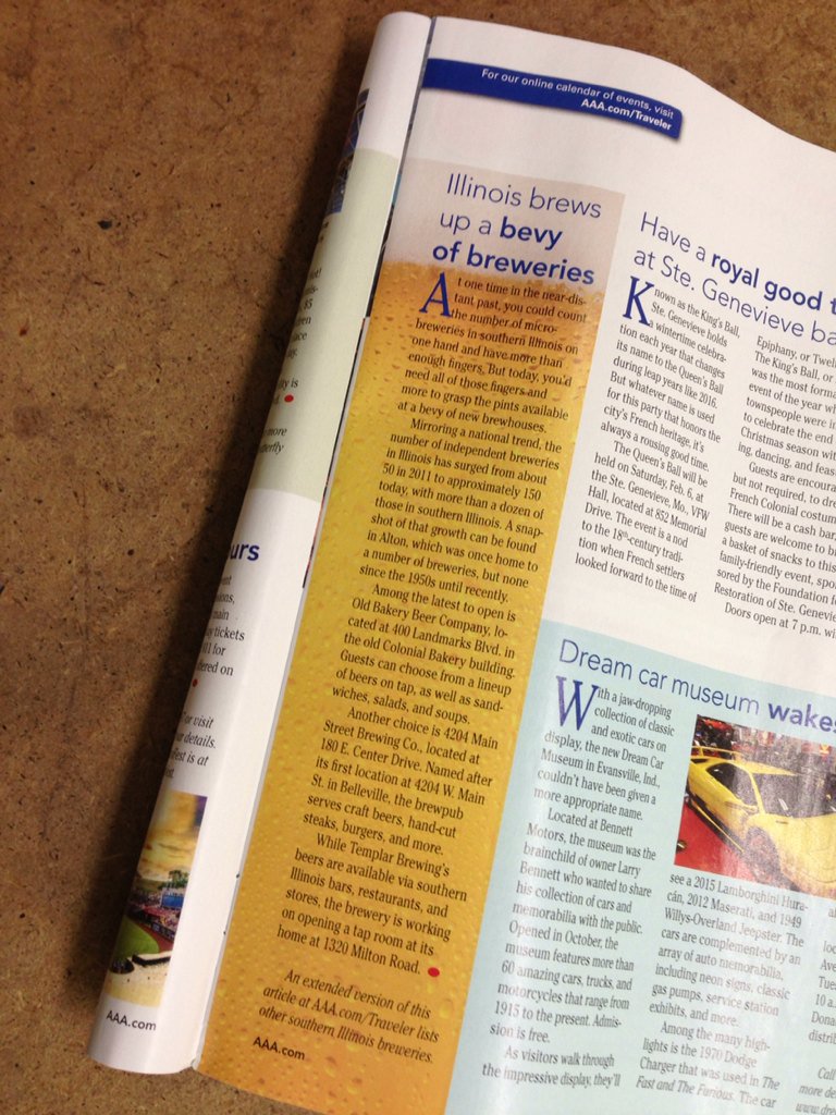GusGusFunBus's tweet photo. The new @AAAMissouri mag points to #craftbeer growth in @VisitAlton w/ @TemplarBrewing @OldBakeryBeer &amp; 4204 Main https://t.co/daU1uH3ZtJ