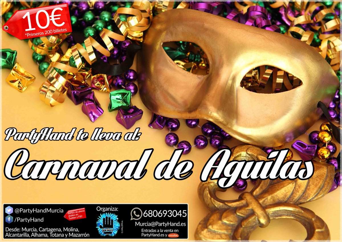 Siguenos y da RT para participar en el #sorteo de 2 plazas para el #Carnaval de #Aguilas <a href="/PartyHand/">PartyHand (Oficial)</a> +info 680693045
