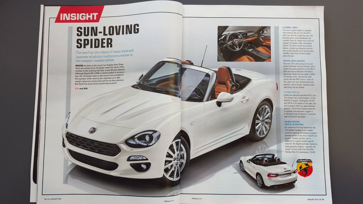 #Fiat124Spider will indeed come to SA with Abarth badge. Check the <a href="/CARmagSA/">CAR magazine</a> Jan 2016 mag out! <a href="/IanFSA/">f</a>