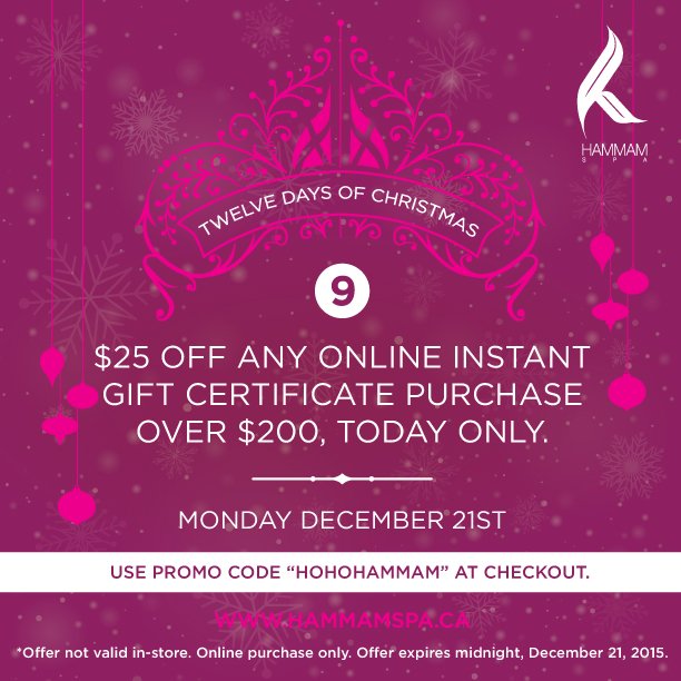 $25 off any online purchase over $200, today only! 
Use promo code: HOHOHAMMAM. #12DaysofChristmas #Day9