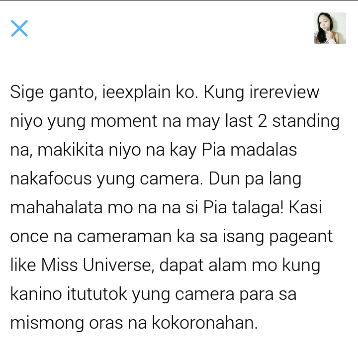 clxyhxleee's tweet photo. Yan! Naexplain ko na lahat ng "possibilities" na nangyari sa Miss Universe kanina! Spread Love guys! Mwa! #LabanPIA https://t.co/fOoa6byXi5