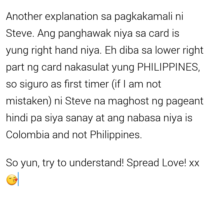 clxyhxleee's tweet photo. Yan! Naexplain ko na lahat ng "possibilities" na nangyari sa Miss Universe kanina! Spread Love guys! Mwa! #LabanPIA https://t.co/fOoa6byXi5