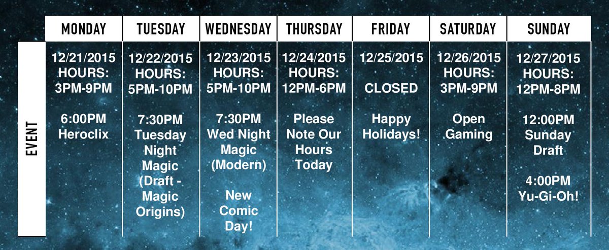 AHiddenFortress's tweet photo. Note our Holiday hours this week and have a safe one!! #MTG #MTGORI #YUGIOH #lastminutegifts https://t.co/roMIlSX3Sx