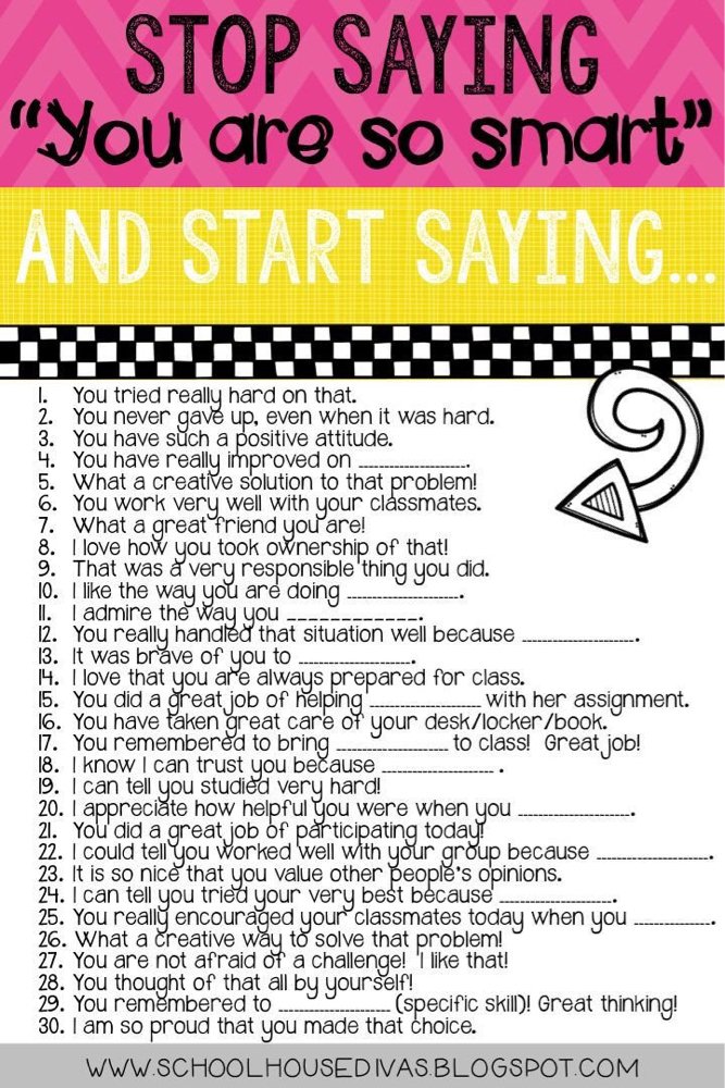 Great list of things to say to help develop growth mindset