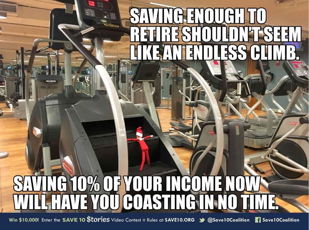 Save10Coalition's tweet photo. Saving enough to #retire shouldn't seem like an endless climb. Save 10% of your income now! https://t.co/cUAm5r1qEr https://t.co/wo3nOfBA1M