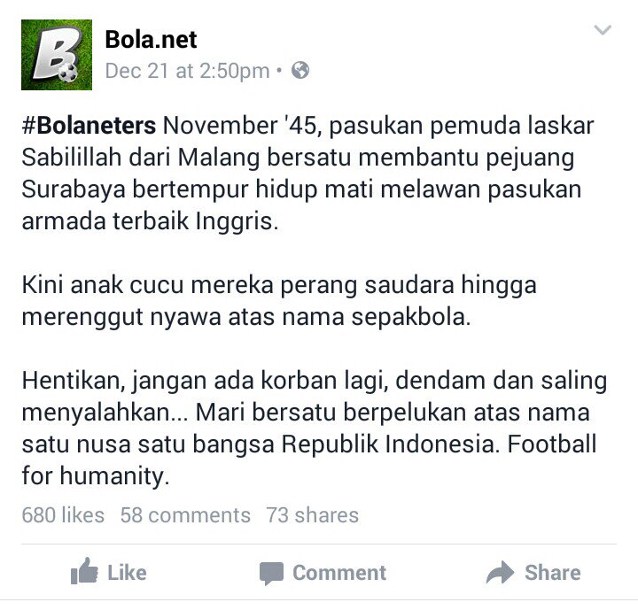 #SuaraBolaneters Hentikan... Jangan ada korban lagi, dendam dan saling menyalahkan. 

Football for humanity.