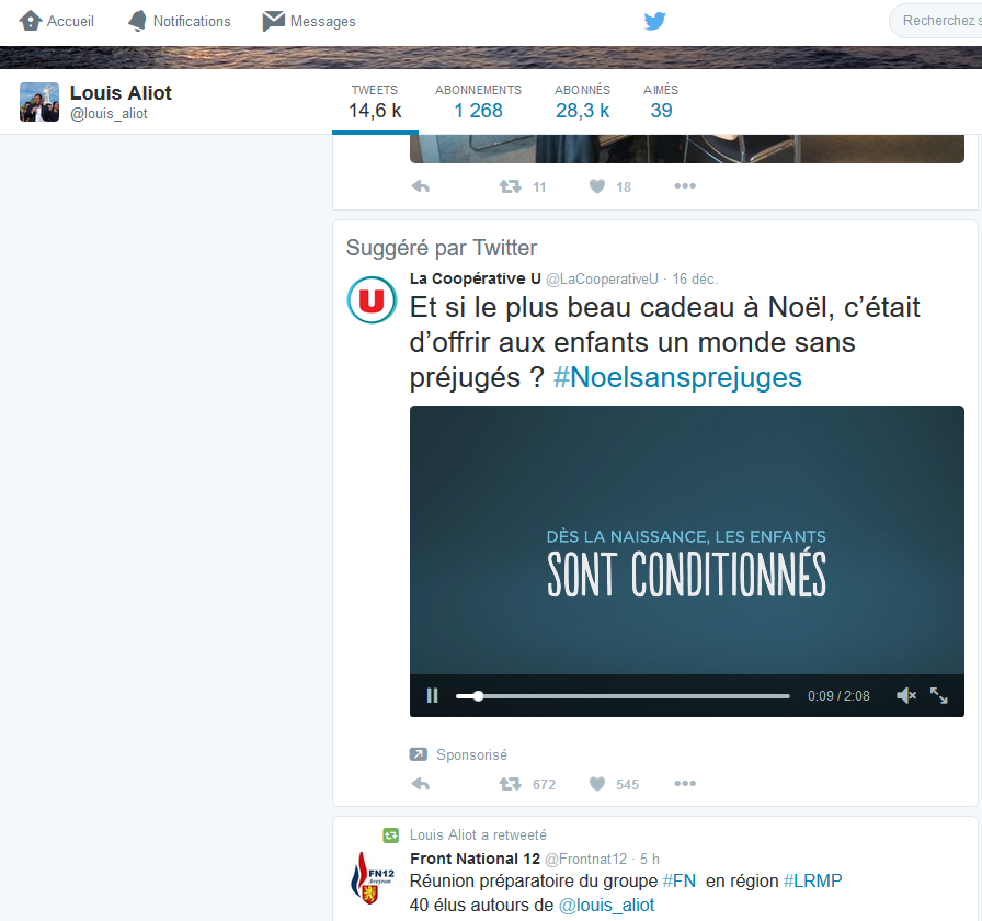 maelmonnier's tweet photo. En consultant le profil de Louis Aliot (#FN), publicité pour les magasins U promoteurs du gender. #BoycottU https://t.co/SppuNWvJLe