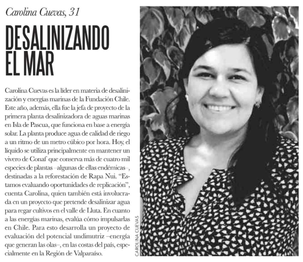 fundacionchile's tweet photo. Carolina Cuevas, líder de Energía Solar y Marina FCh, fue destacada en @Revista_Sabado en especial #JóvenesLíderes https://t.co/pee0HaSkJY