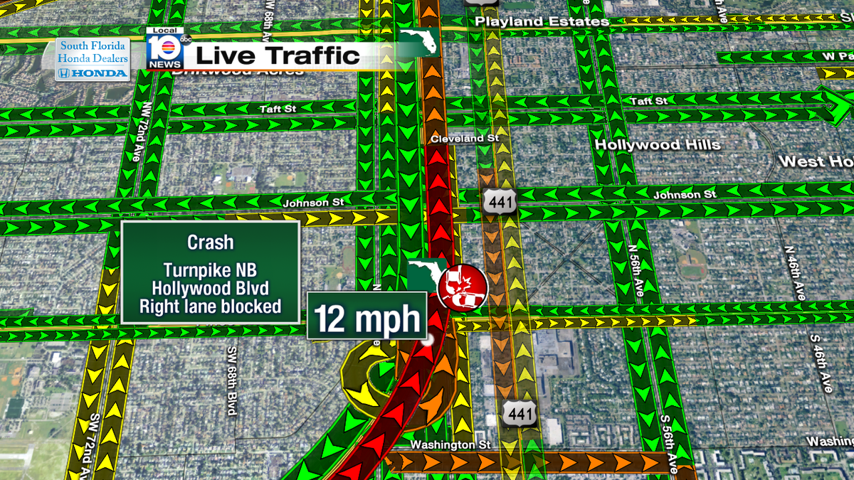 Crash on Turnpike NB at Hollywood Blvd. Right lane blocked. Speeds at 12mph #traffic #hollywood https://t.co/y6n4ipRxtB