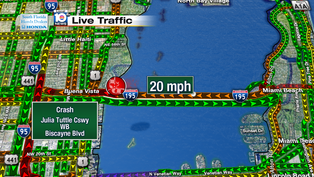 Crash on Julia Tuttle Cswy WB at Biscayne. Speeds at 20mph #traffic #miamibeach https://t.co/9GTBYpW1oX