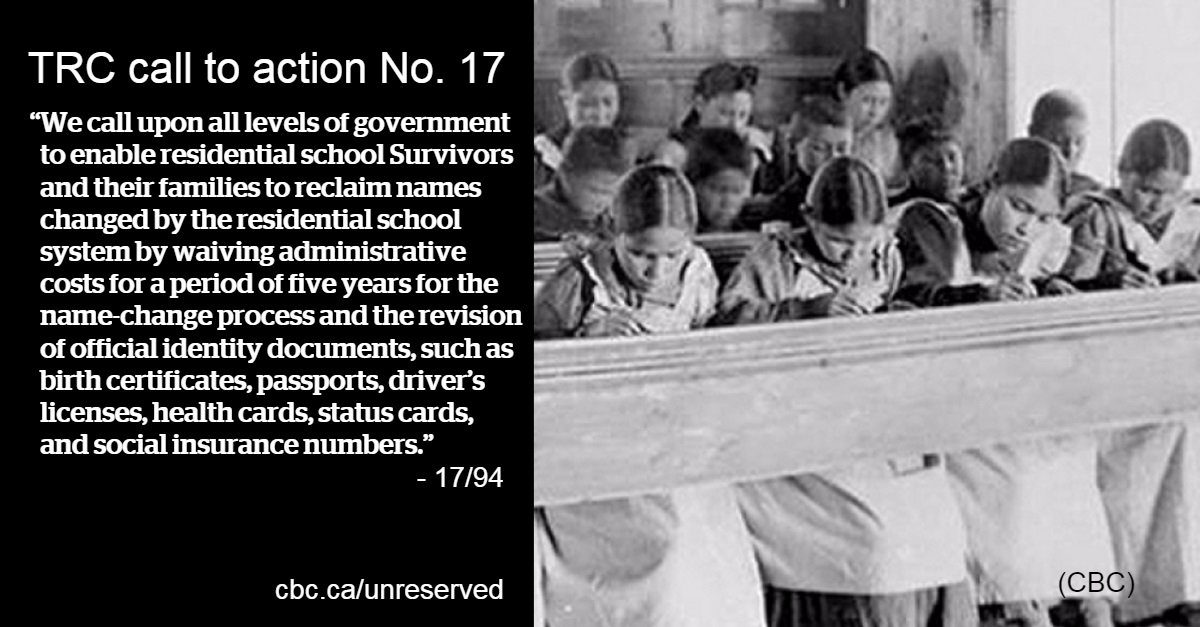 CBCIndigenous's tweet photo. Do you know someone whose  name was changed because of residential school? Day 17 of #TRC94 https://t.co/CMQRVYyaxg
