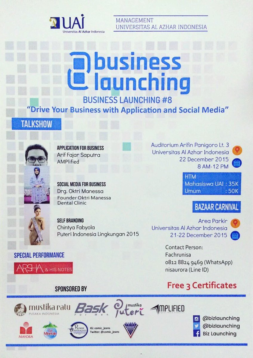 TODAY: BUSINESS LAUNCHING #8 Talkshow &amp; Bazaar @ Universitas Al Azhar Indonesia pic.x.com/H48vNnG06z