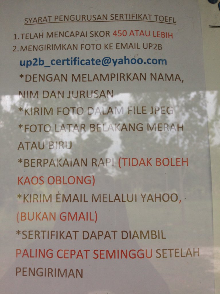 Jangan lupa untuk mengurus sertifikat TOEFL bagi skor TOEFL-nya sudah mencapai >450 (paling lambat 31 Desember 2015)