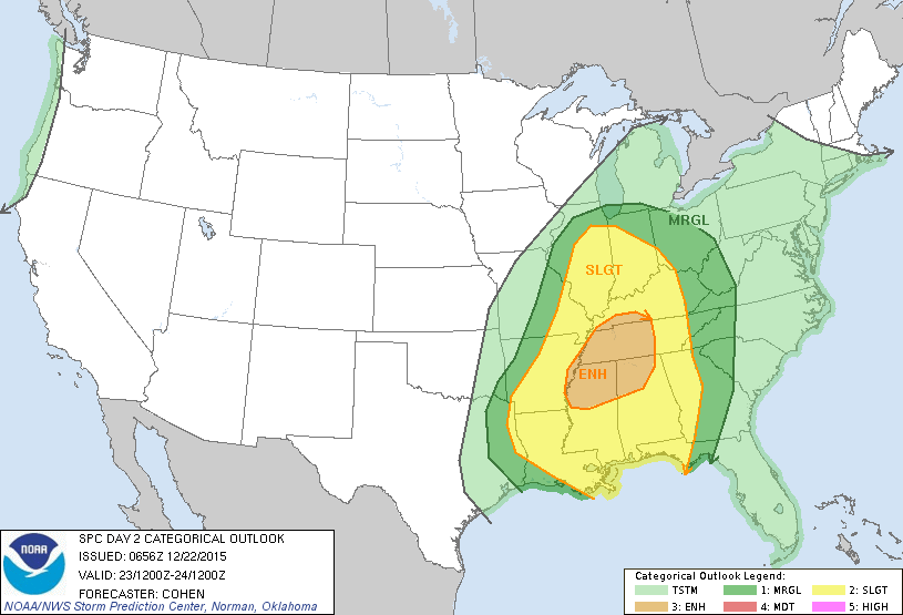 NWSSPC's tweet photo. 12:57am CST #SPC Day2 Outlook Enhanced Risk: across parts of the mid-south and tn valley... https://t.co/rEAejNHwPA https://t.co/zYIjs2ndTo