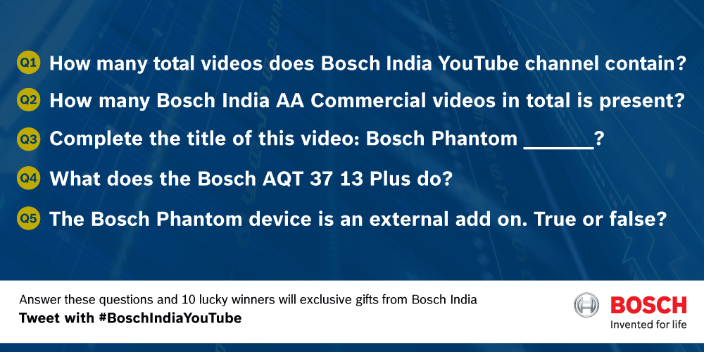 boschindia's tweet photo. Answer 5 simple questions from our YouTube videos https://t.co/pEAvmgWXlJ &amp; win gifts! 
#BoschIndiaYouTube #Contest https://t.co/1c4yUycMxe