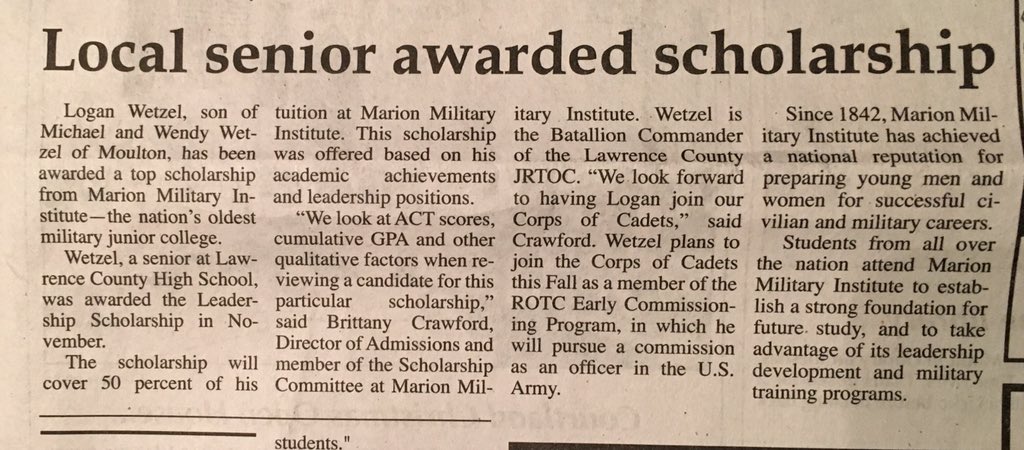 Congratulations to Mike Wetzel on being awarded a top scholarship from Marion Military Institute!  #proudteacher