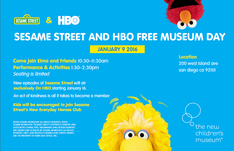 iheartncm's tweet photo. Join #Elmo and friends at a FREE Museum day to promote new episodes coming to @HBO ! #SesameOnHBOSD #thinkplaycreate https://t.co/kWkBHrezEf