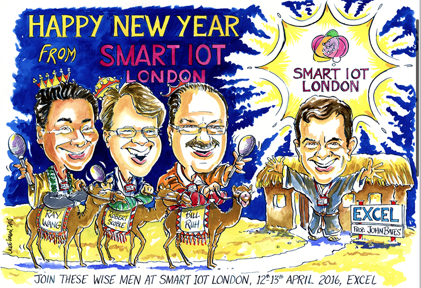 Cartoon showing three wise men riding camels, captioned 'Join these wise men at Smart IoT London, 12th-13th April 2016, Excel'