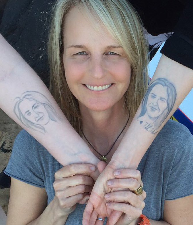 officalseanpenn's tweet photo. helen hunt posing with her daughters who got henna tattoos of her face #LOL4ever https://t.co/IAb96l6Fke