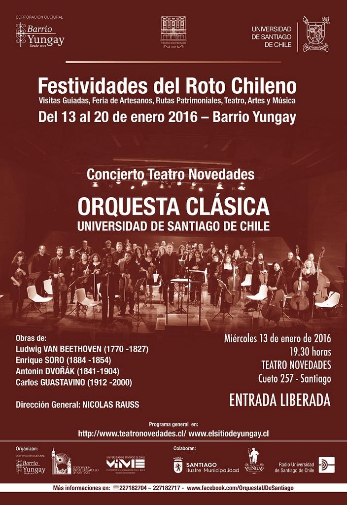 Fiesta del Roto 2016 comienza 13 enero: Concierto <a href="/OrquestaUSACH/">Orquesta Usach</a> en <a href="/TeatroNovedades/">Teatro Novedades</a>  #PorelBuenVivirenBarrioYungay