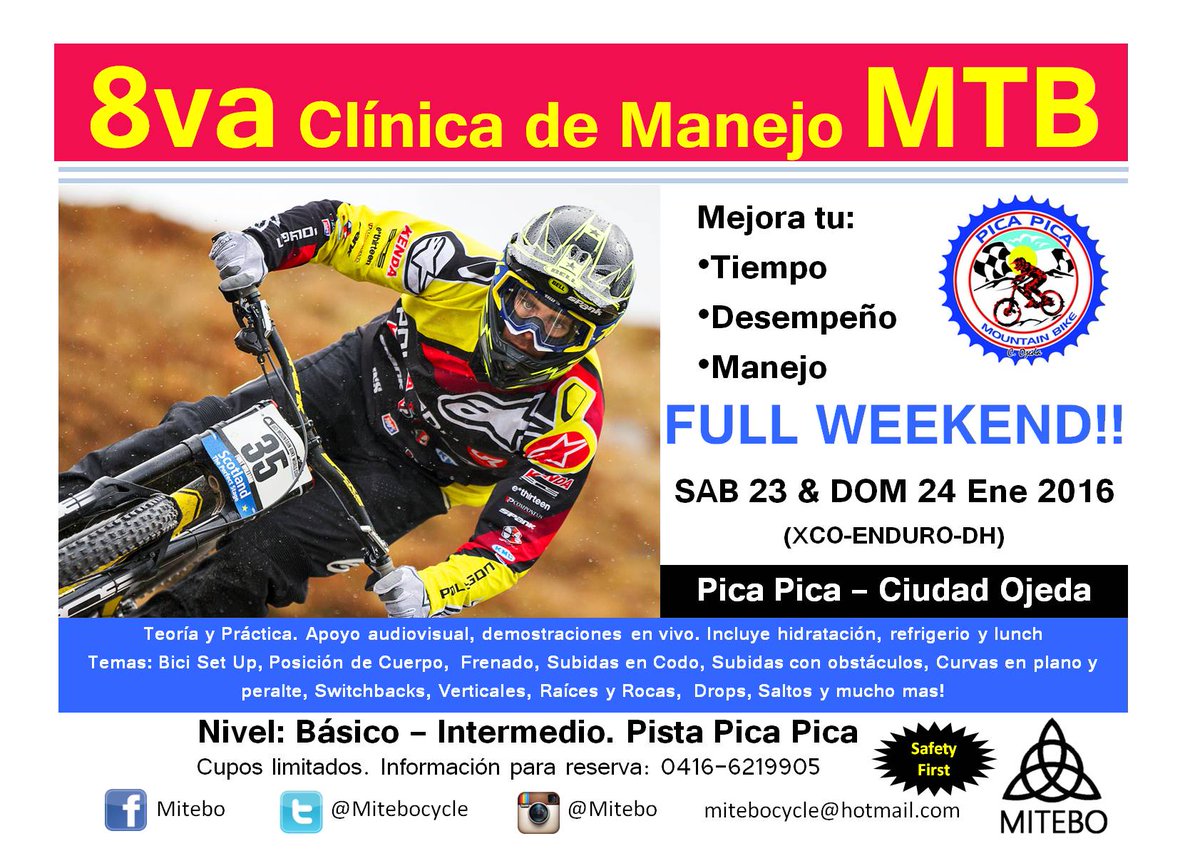 Mitebocycle's tweet photo. 8va Clínica Manejo #MTB Cdad Ojeda. 23 y 24 Ene. Básico e Intermedio. Teoría y Practica Full Weekend Cupos limitados https://t.co/djI36BFay6