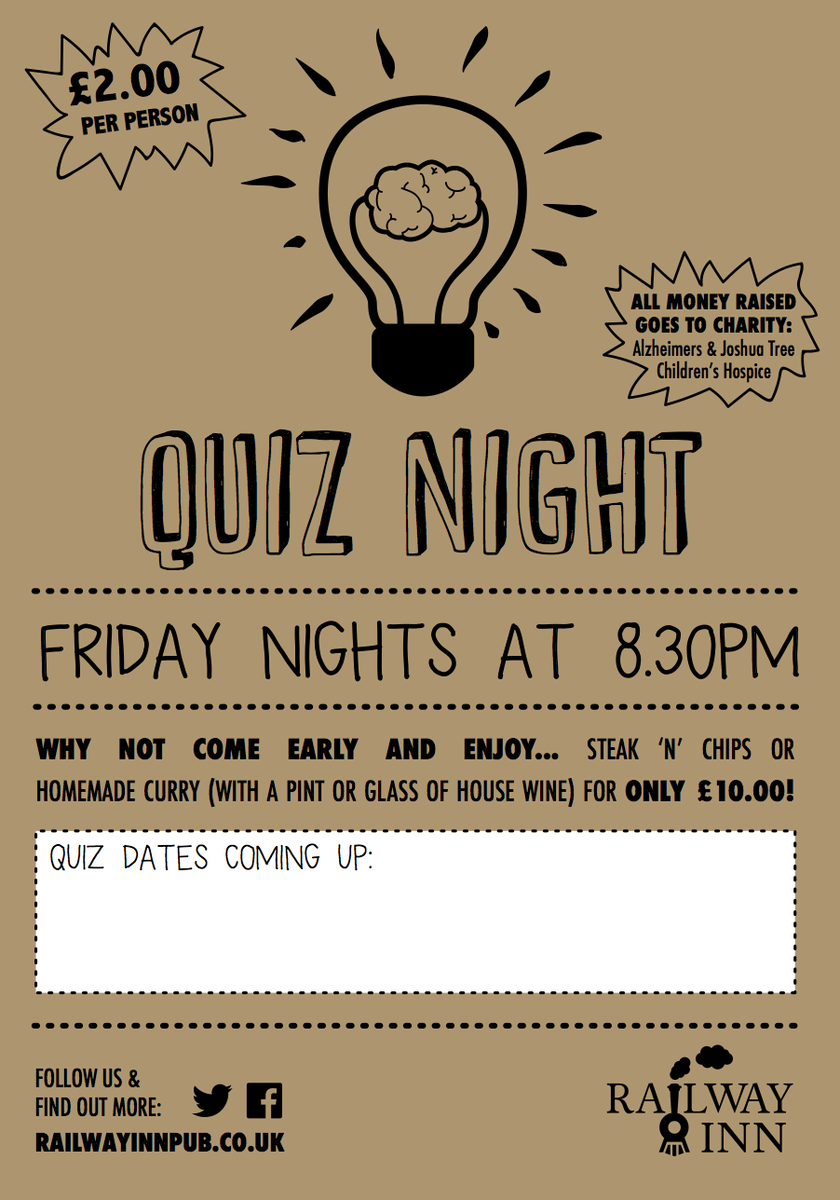 _rebeccajeffery's tweet photo. Nice little poster design for the @RailwayInnMobb - ideal for adding their own quiz dates! #knutsford #posterdesign https://t.co/rCh7OVK3wX
