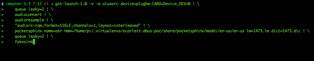 scarlettapp's tweet photo. Finally got a gst-launch-1.0 pipeline that works w/ #pocketsphinx 5prealpha was missing -m flag to show hypothesis! https://t.co/mFGoC7SHwL