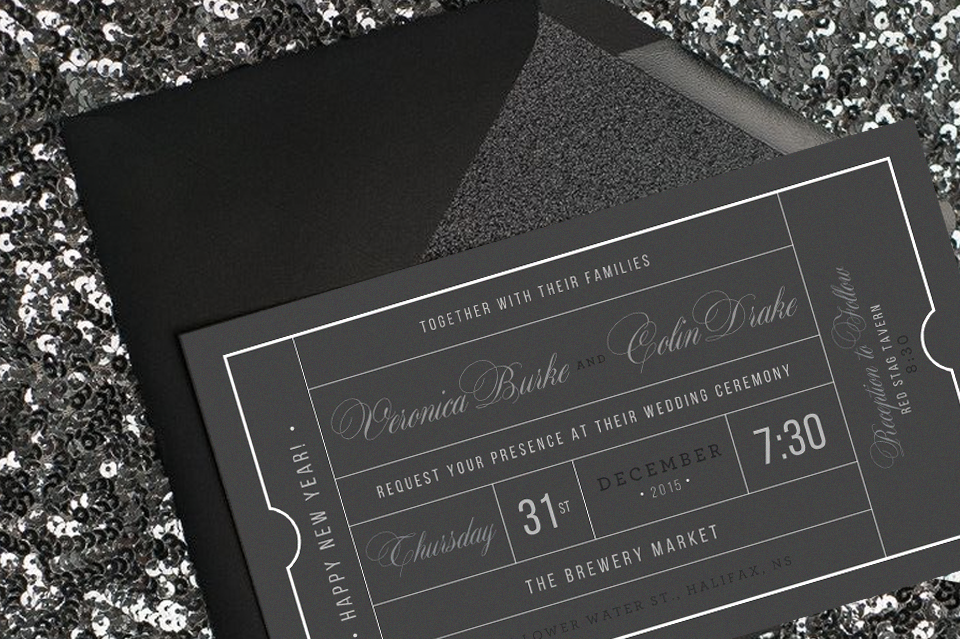 These ticket style invitations were the perfect fit for a NYE wedding! #Halifax #weddinginvitations