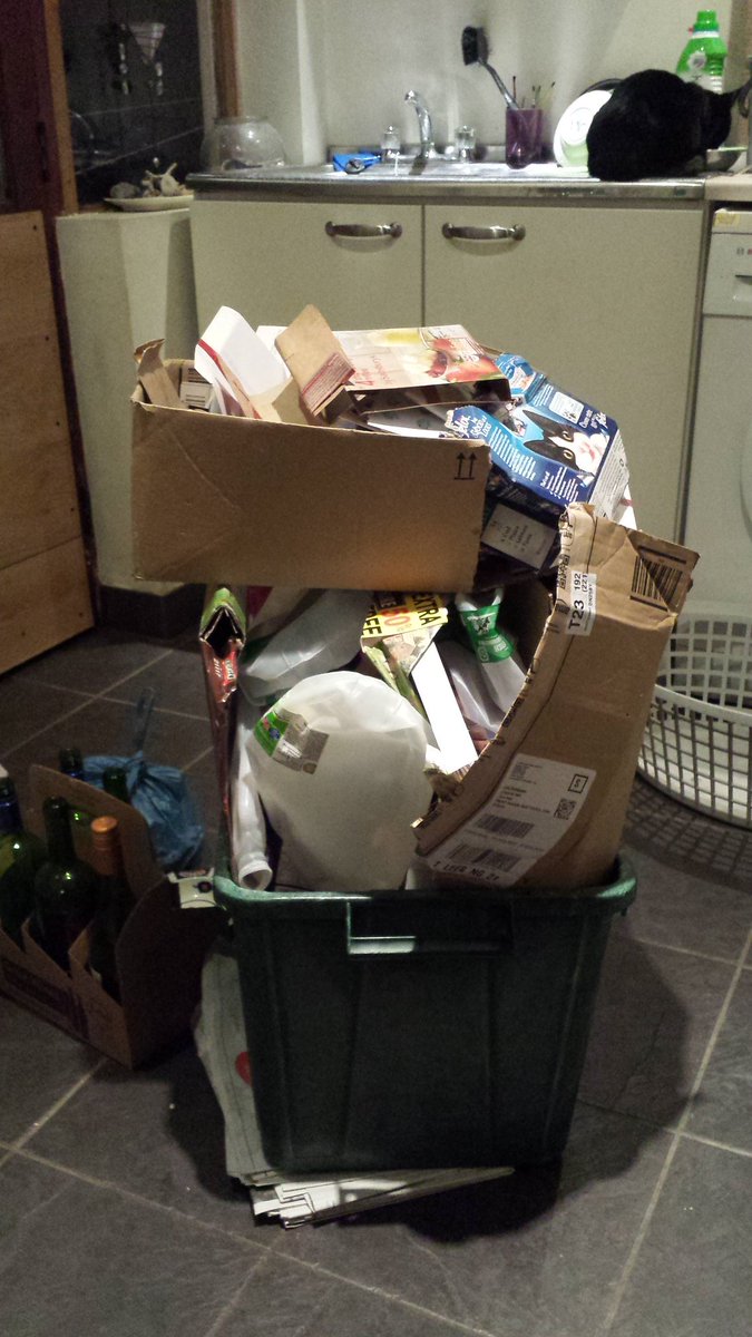 bathcat_'s tweet photo. After 2 weeks of no #BinDay ,Mr B has built up the sides of the recycling box in the manner of a skip #GreedyBoards https://t.co/dbxzYmurNX