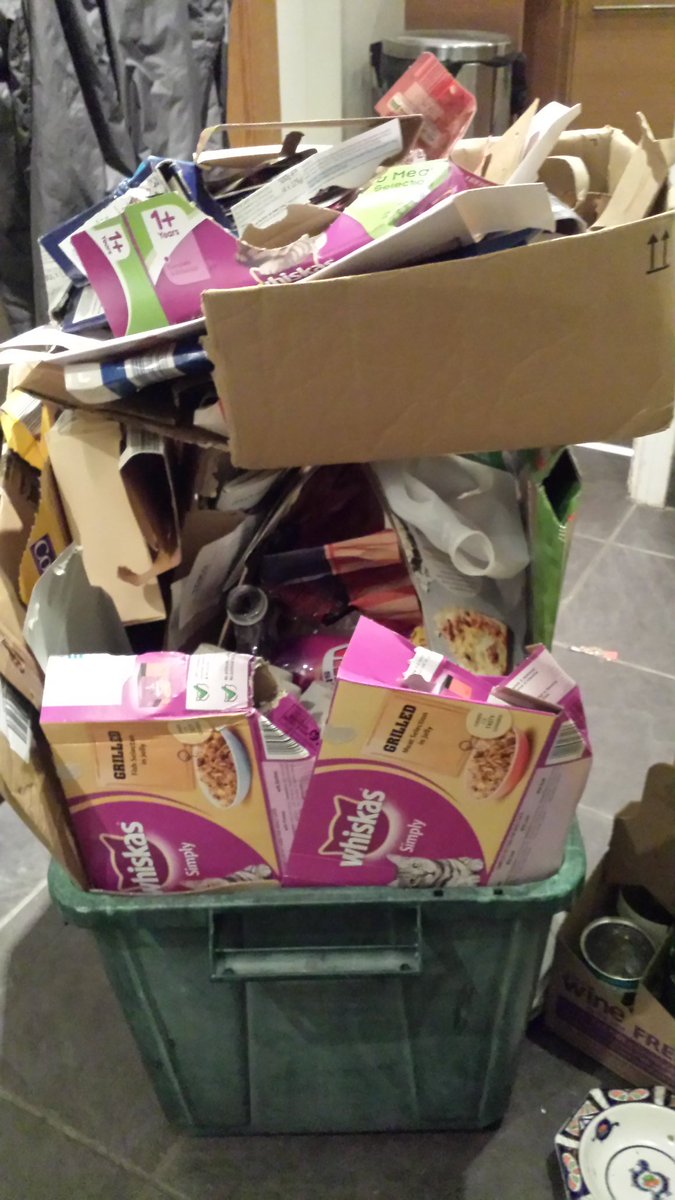 bathcat_'s tweet photo. After 2 weeks of no #BinDay ,Mr B has built up the sides of the recycling box in the manner of a skip #GreedyBoards https://t.co/dbxzYmurNX