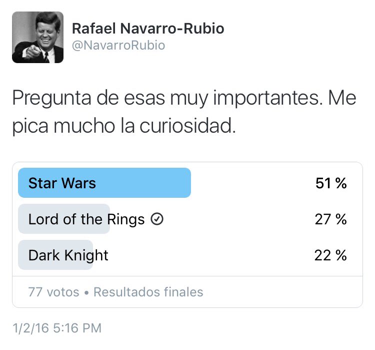 RTEncuestas's tweet photo. Resultados finales de la encuesta de @NavarroRubio. Mayoría absoluta para @StarWars. https://t.co/dubVYqvKEp