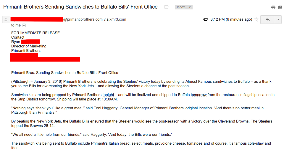 stephenjnesbitt's tweet photo. This city is the best. @PrimantiBros shipping sandwiches to the Buffalo Bills front office. #Steelers https://t.co/DZ6nXqB7xG