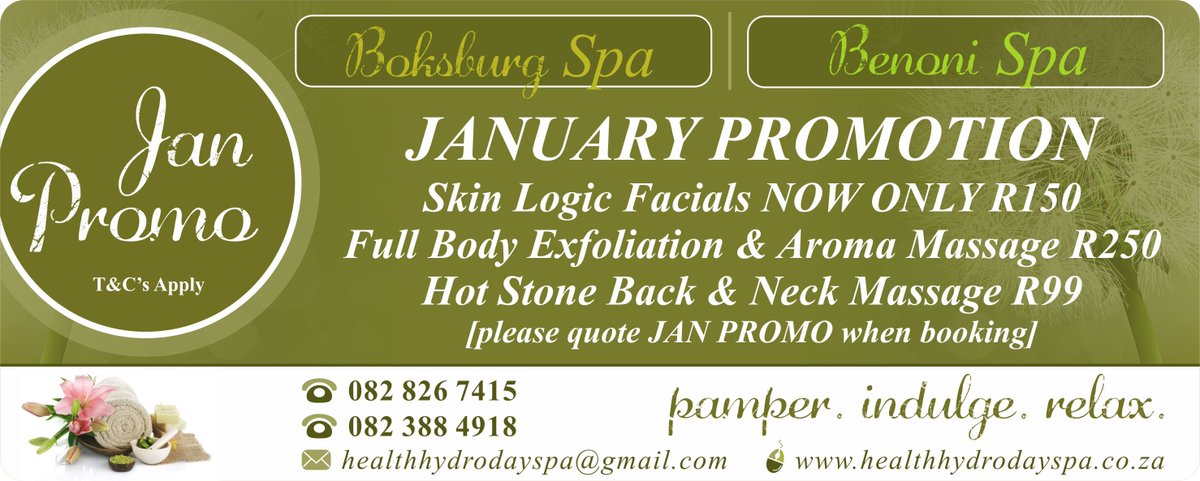 hhdayspa's tweet photo. hhds | JANUARY PROMOTIONS
#healthhydrodayspa #hhds #SpaDay #dayspa #JanPromo #BoksburgSPA #BenoniSPA #cirobertson https://t.co/Aq6vf9iJRu