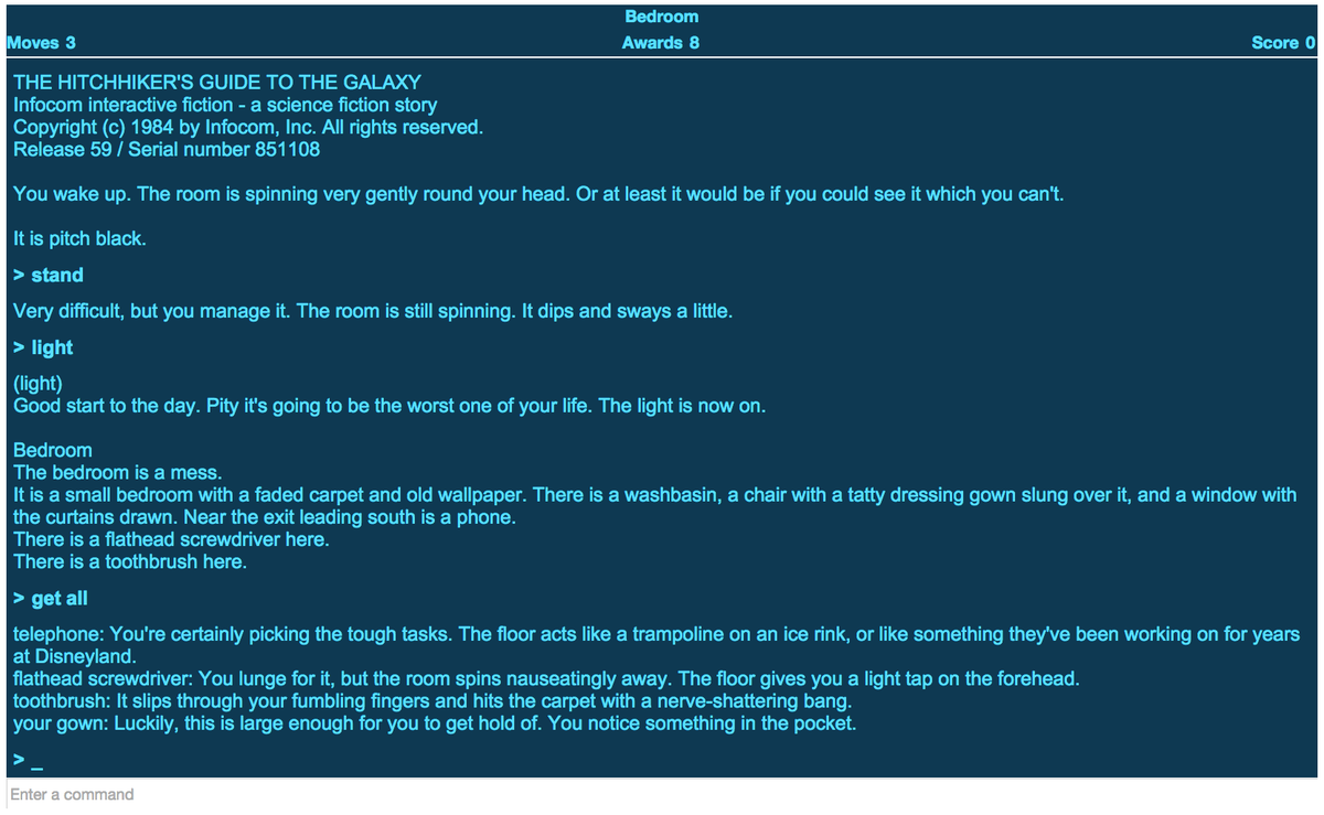 You can play The Hitchhiker's Guide to the Galaxy interactive fiction game in your browser. bbc.co.uk/programmes/art…