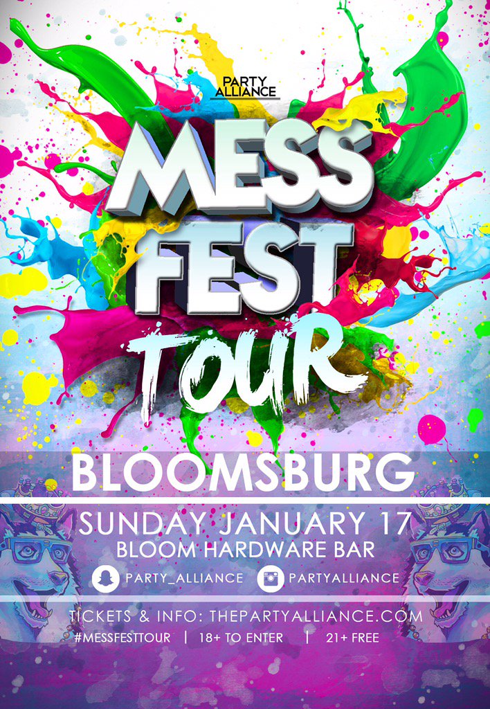 BloomBlockParty's tweet photo. BOOZBURG 🍻 We have a wild paint party coming to campus on Sylly Week!

RT this flyer to win tickets to @MessFestTour https://t.co/Hj8TLrewmD