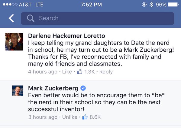 You know what's better than a billion dollars? This comment by Mark Zuckerberg.