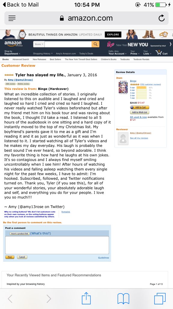 Amy13Rose's tweet photo. Psst @tyleroakley check out my solid Amazon review of your book pls #imthirstyaf https://t.co/5JwMDY5OyR