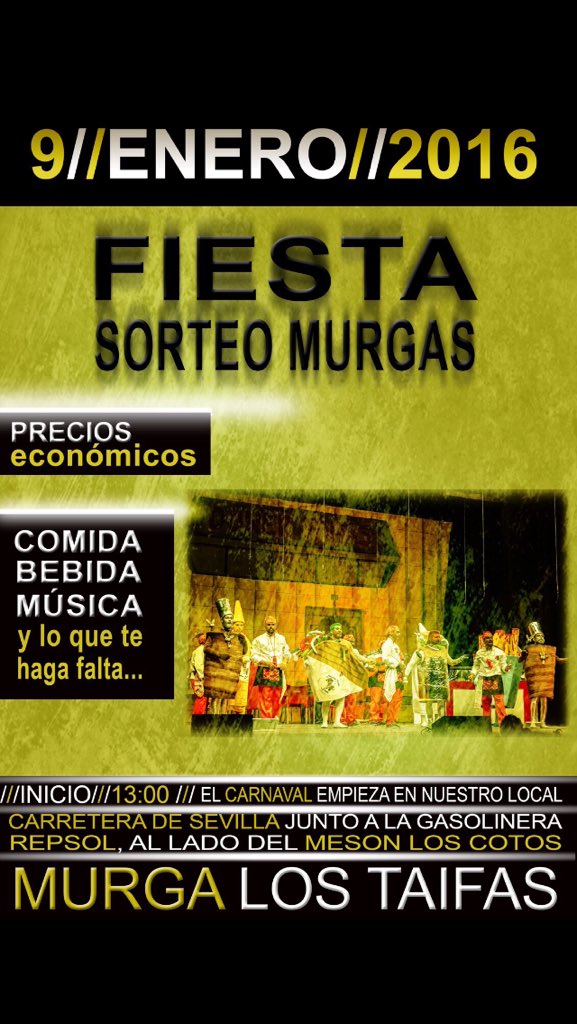 LosTaifas's tweet photo. Ya esta aqui un año mas! Despues del sorteo de murgas tienes una cita con Los Taifas en su local y tomarte algo!! https://t.co/AzgKfnHDJw