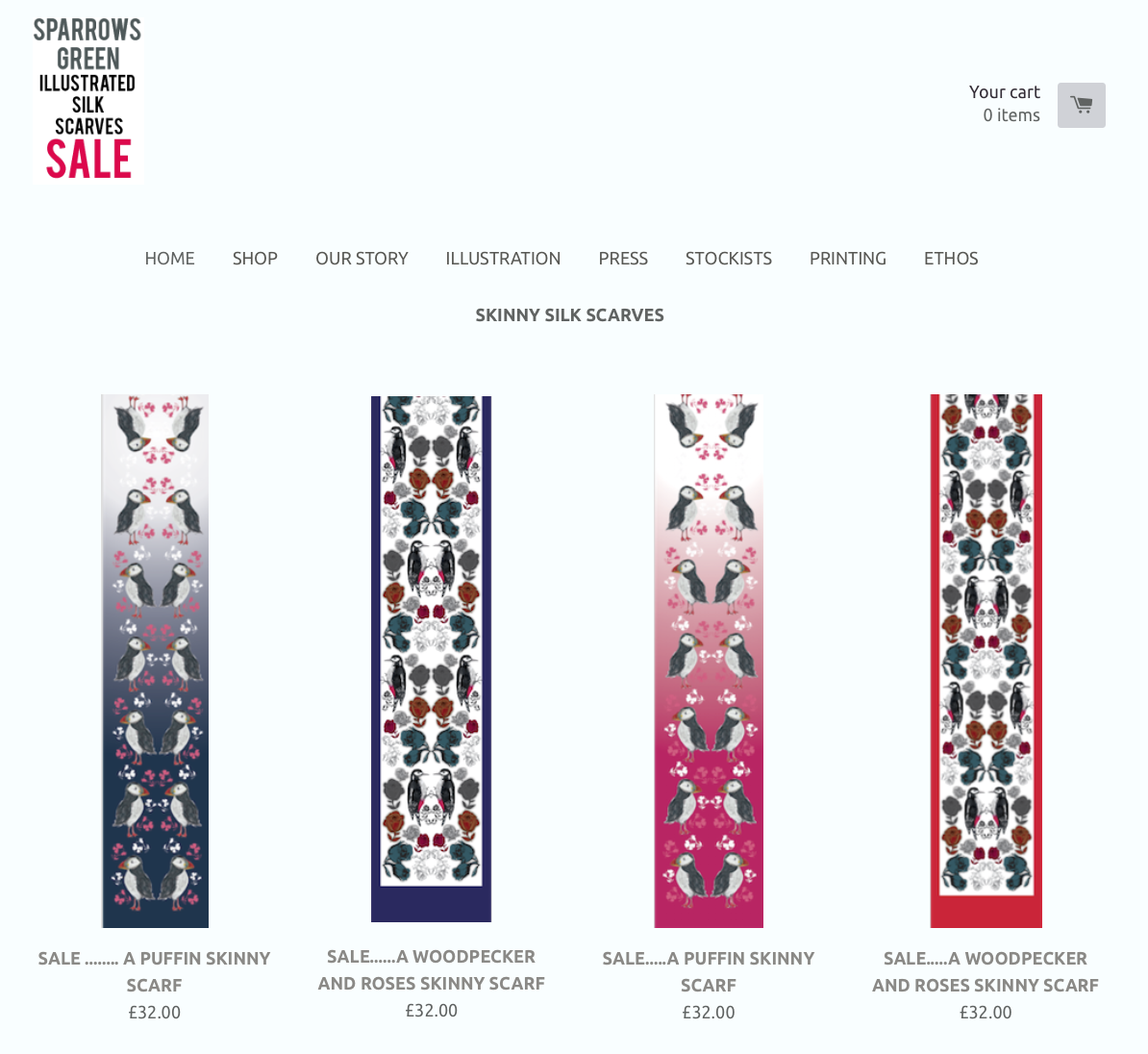 Sparrows Green illustrated silk scarves..now in sale! get one while they're still available! tinyurl.com/k7m6u2v