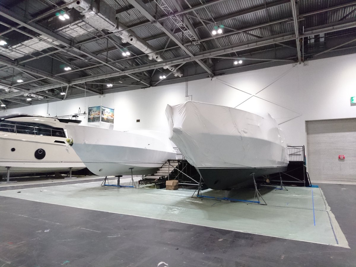 Boats now in position at #LBS16. Just the stand to be built now and some careful unwrapping! See us on stand A140!
