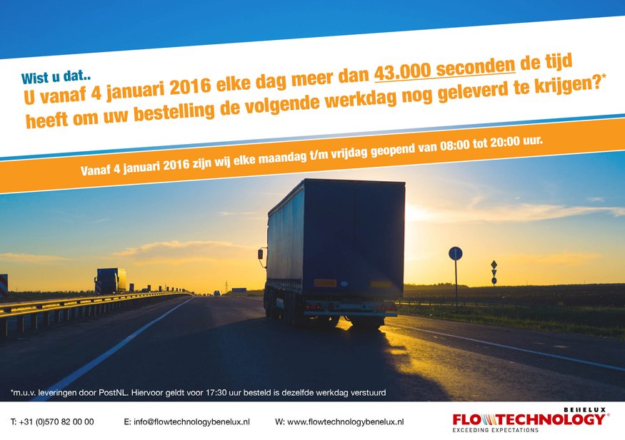 Flowtechnology1's tweet image. Vernieuwde openingstijden: Vanaf 4 januari 2016 zijn wij elke maandag t/m vrijdag geopend van 08:00 tot 20:00 uur