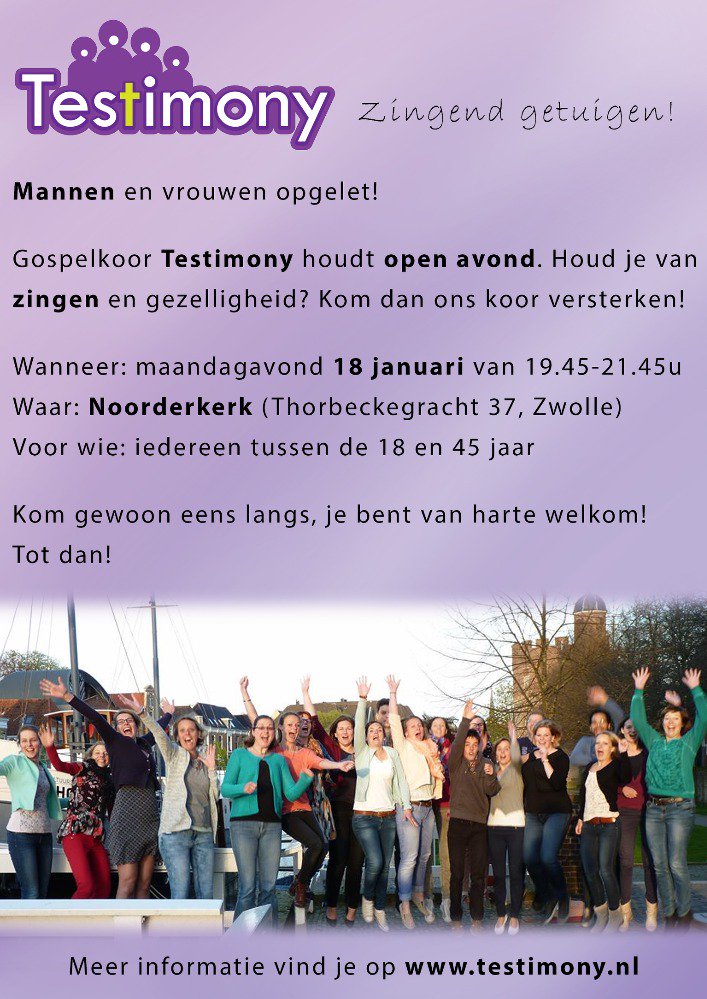 TestimonyZwolle's tweet photo. Happy New Year! Begin het nieuwe jaar goed met een bezoekje aan onze Open Repetitie op 18 januari! Welkom! https://t.co/0UMjLgGlg8